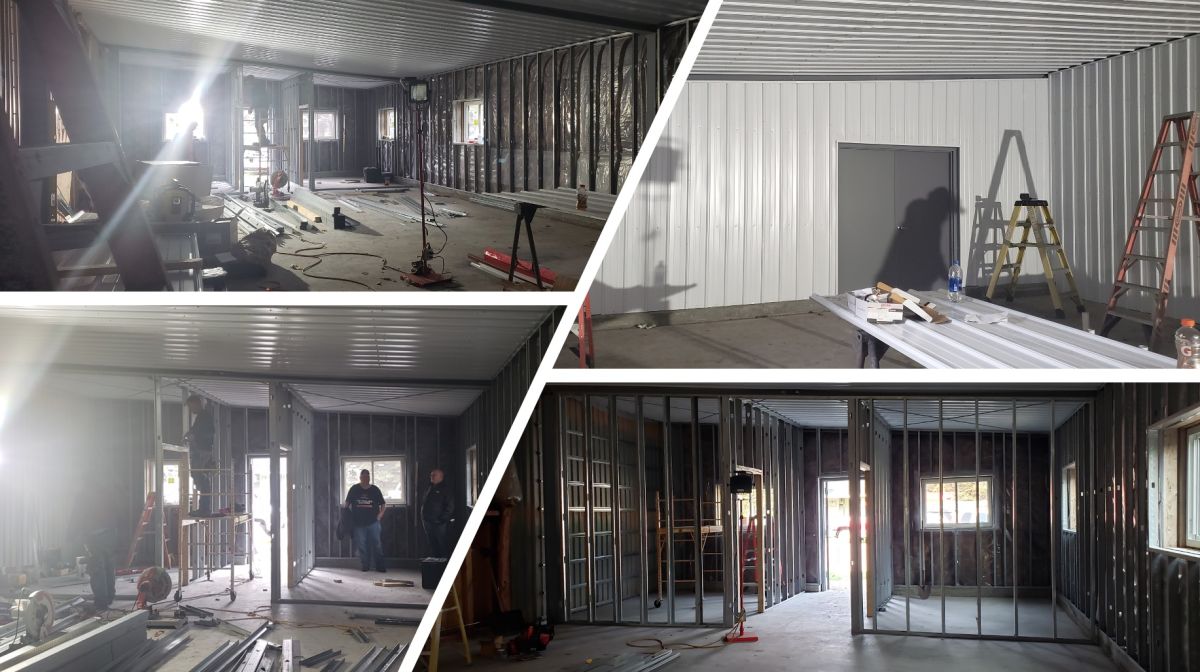 four images of inside building during construction