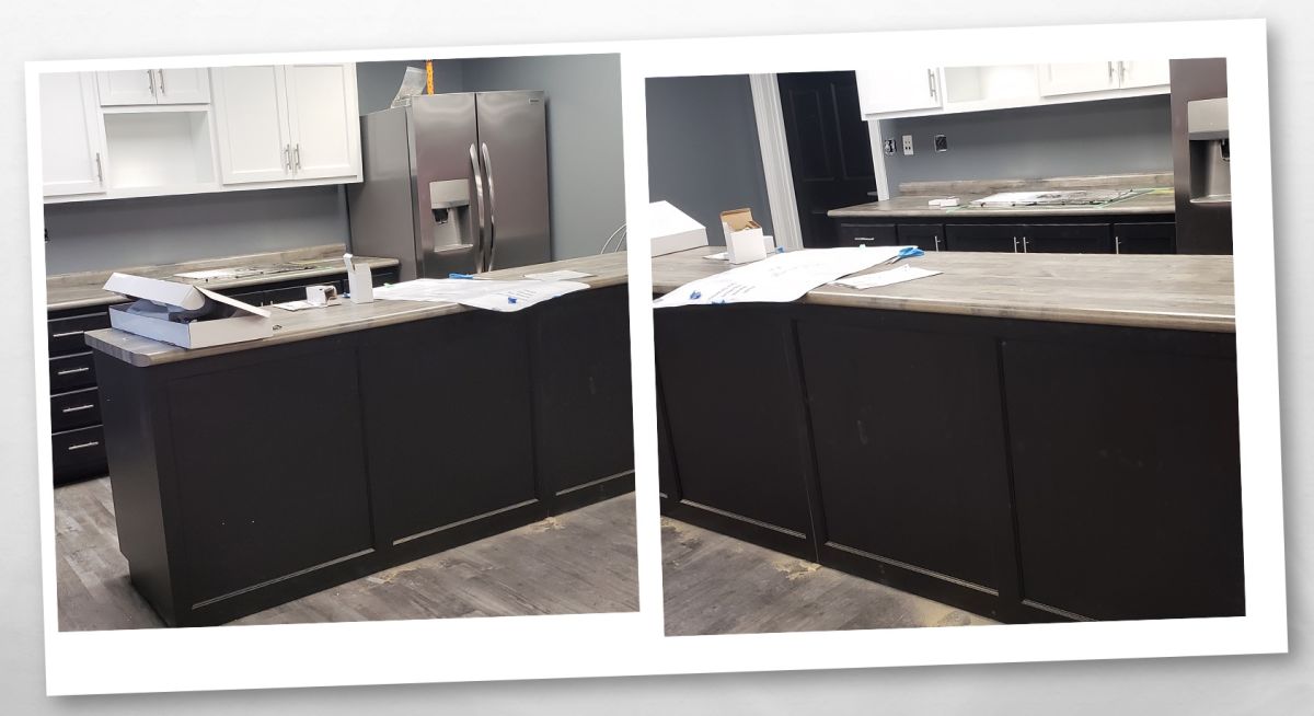 2 images of kitchen after construction completed